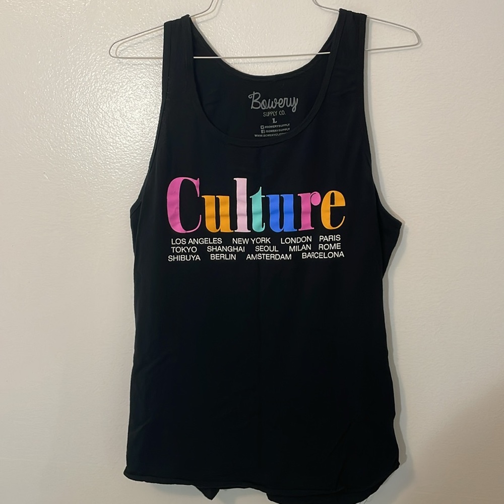 Bowery Supply co. Large black tank top Culture on front